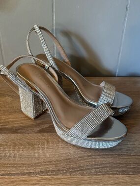 BCBGeneration Rhinestone Block Heel Slingback Sandals – Silver Glam Heels